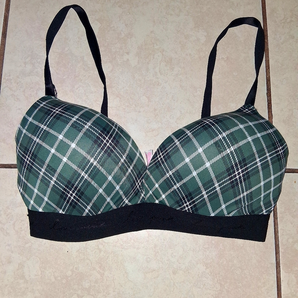 Victoria's Secret PINK logo band Green Plaid Push Up wireless plunge Bra 36DD